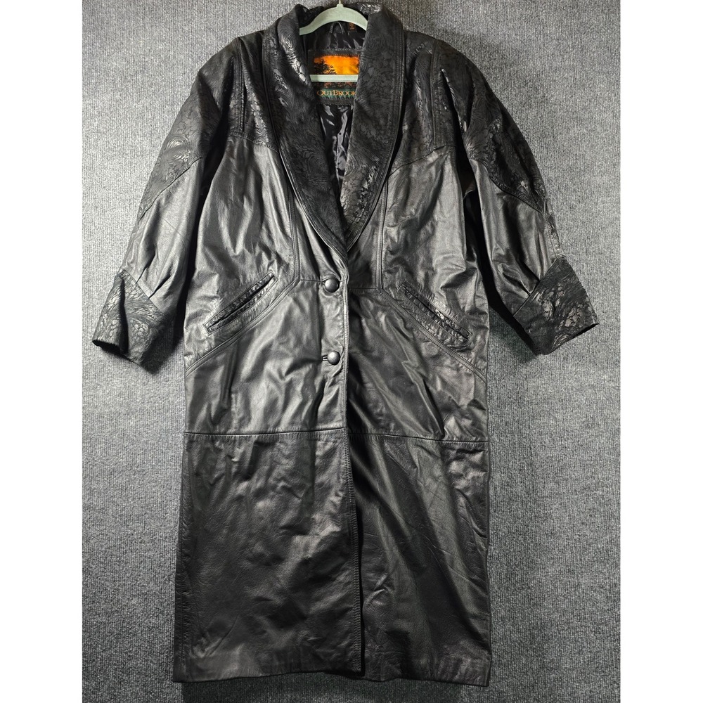 Outbrook Vintage Black Leather Trench Coat Embossed Paisley Trim Petite Large